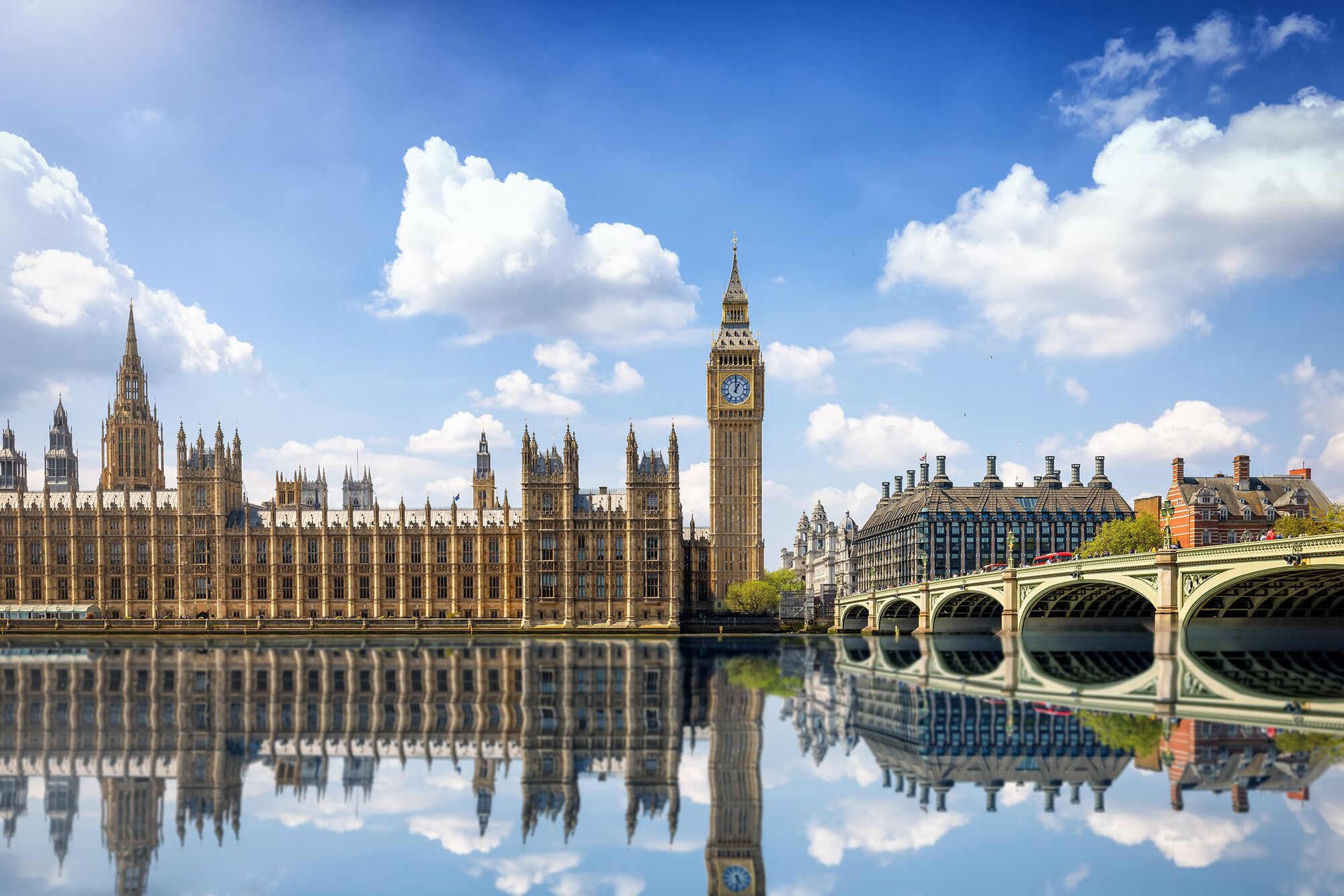 Shot of London from the Thames River, showing the parliament