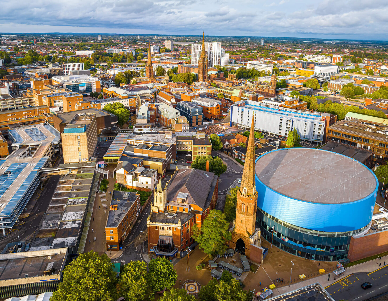 Aerial view of Coventry, a city in central England known for the medieval Coventry Cathedral and statue of lady Godiva