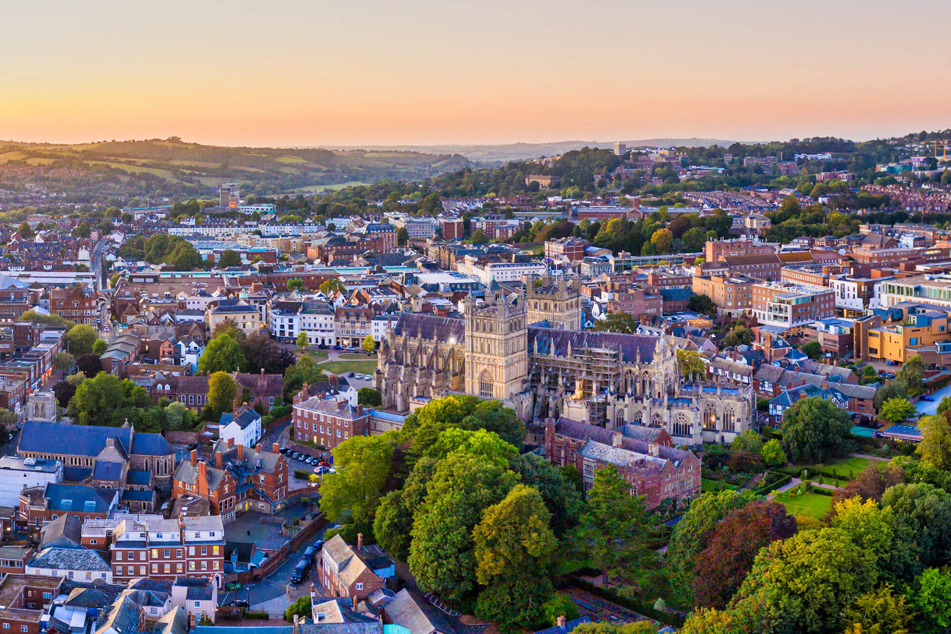 Aerial view over Exeter city centre and Exeter Cathedral, Exeter, Devon, England, United Kingdom, Europe
