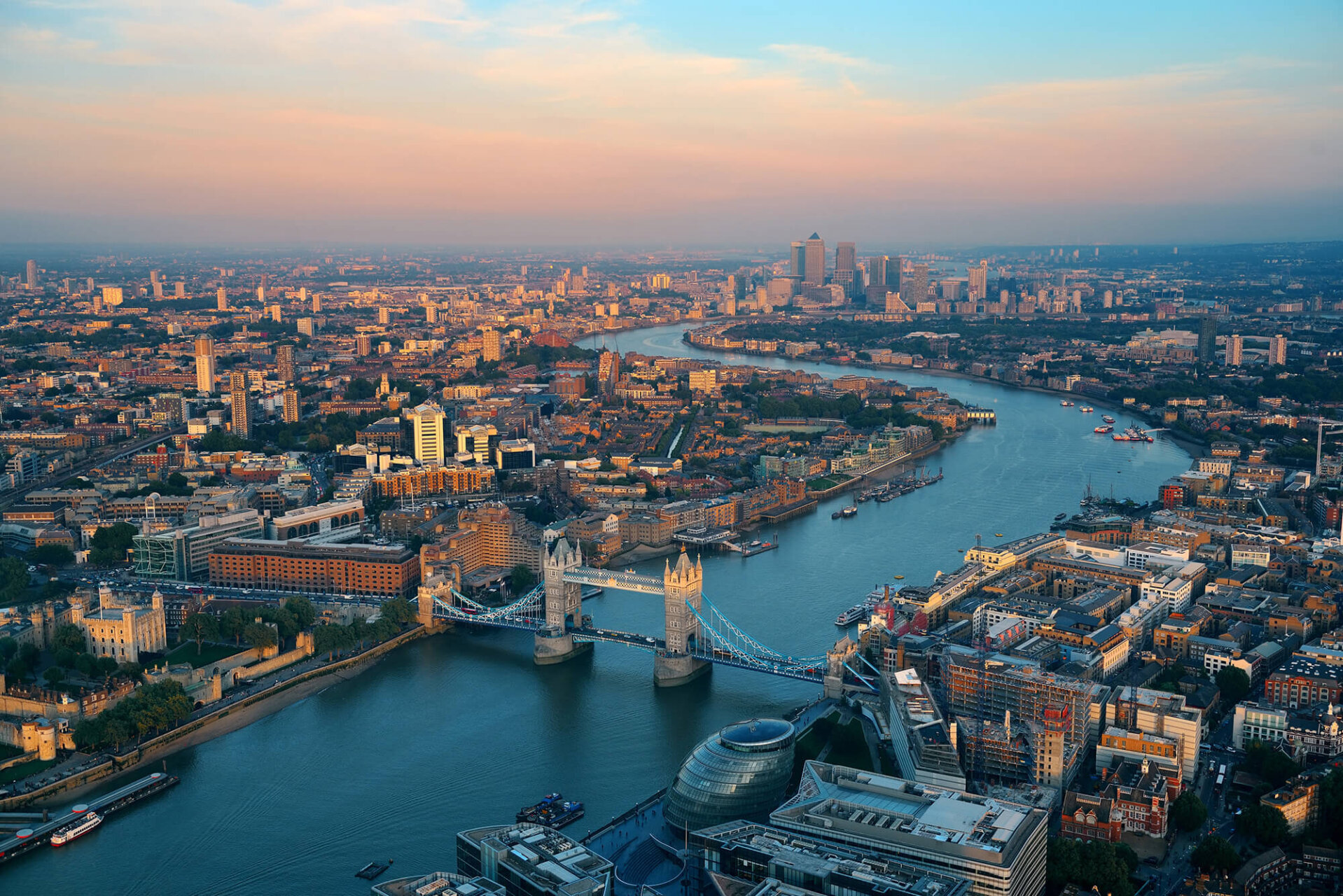 Shot of London from the sky. Showing Thames River